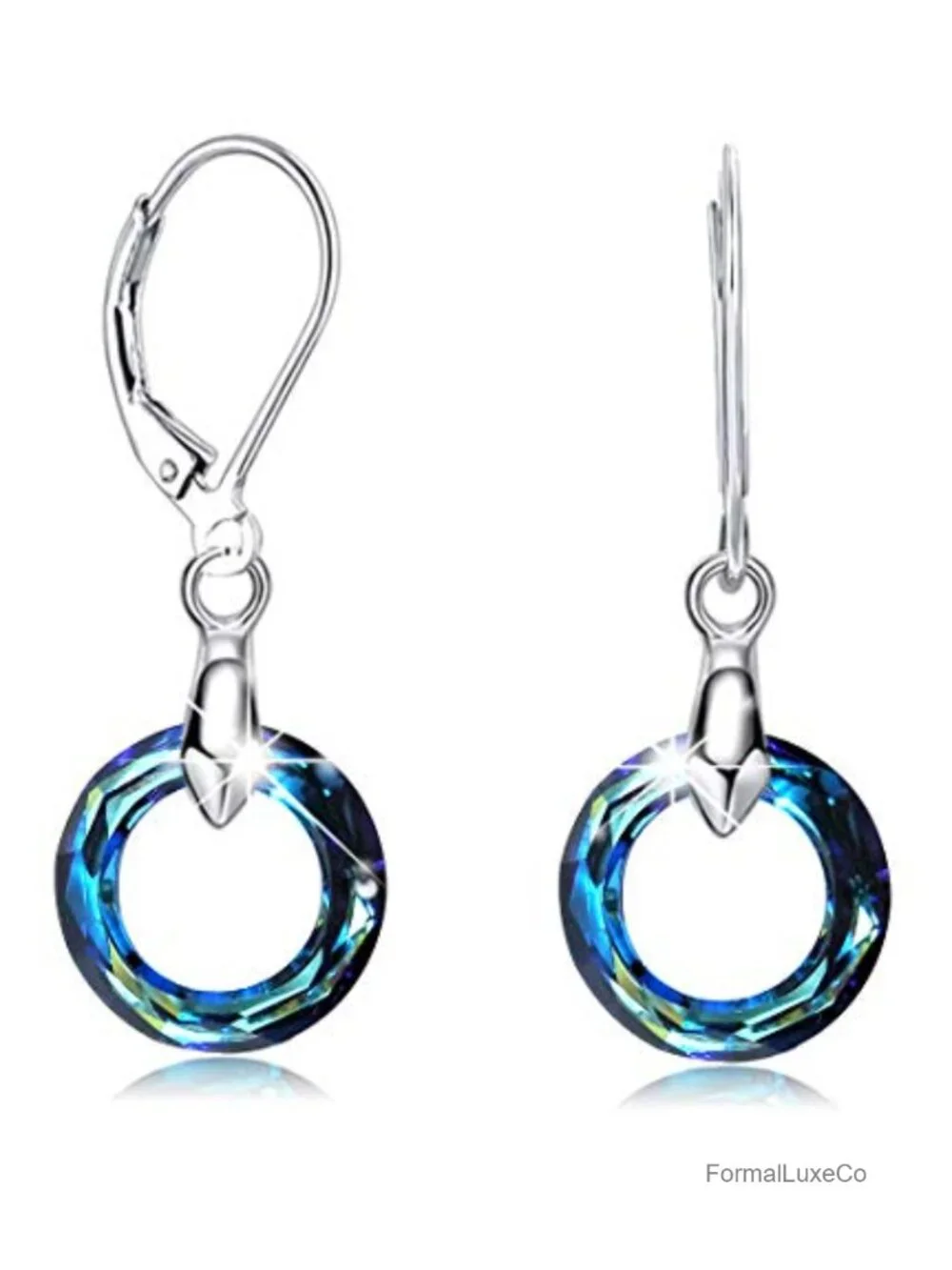 925 Sterling Silver Circle Earrings Austria Crystal Leverback Dangle